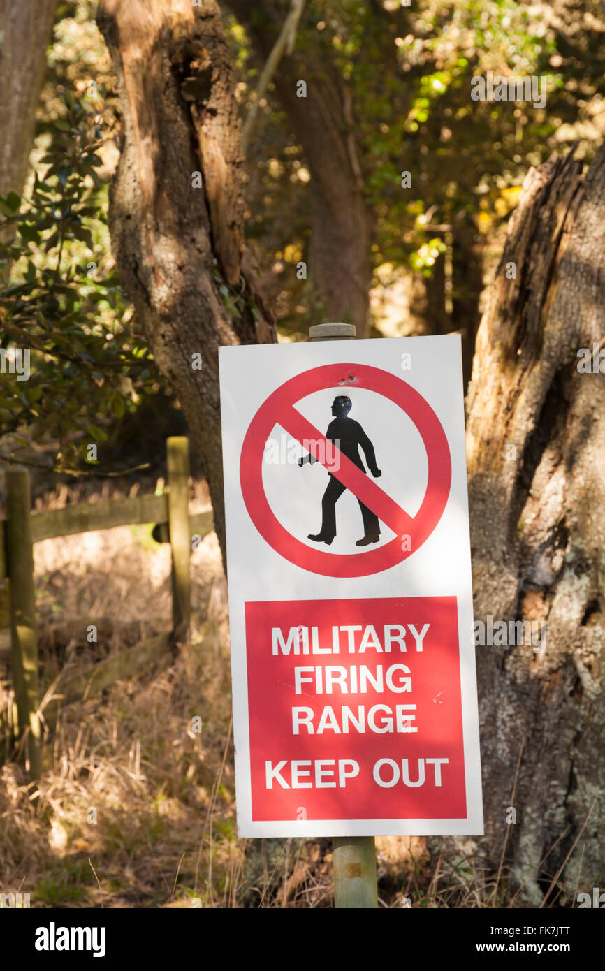 Military firing range keep out sign near Tyneham Village, Dorset UK in March - lost abandoned deserted village Stock Photo