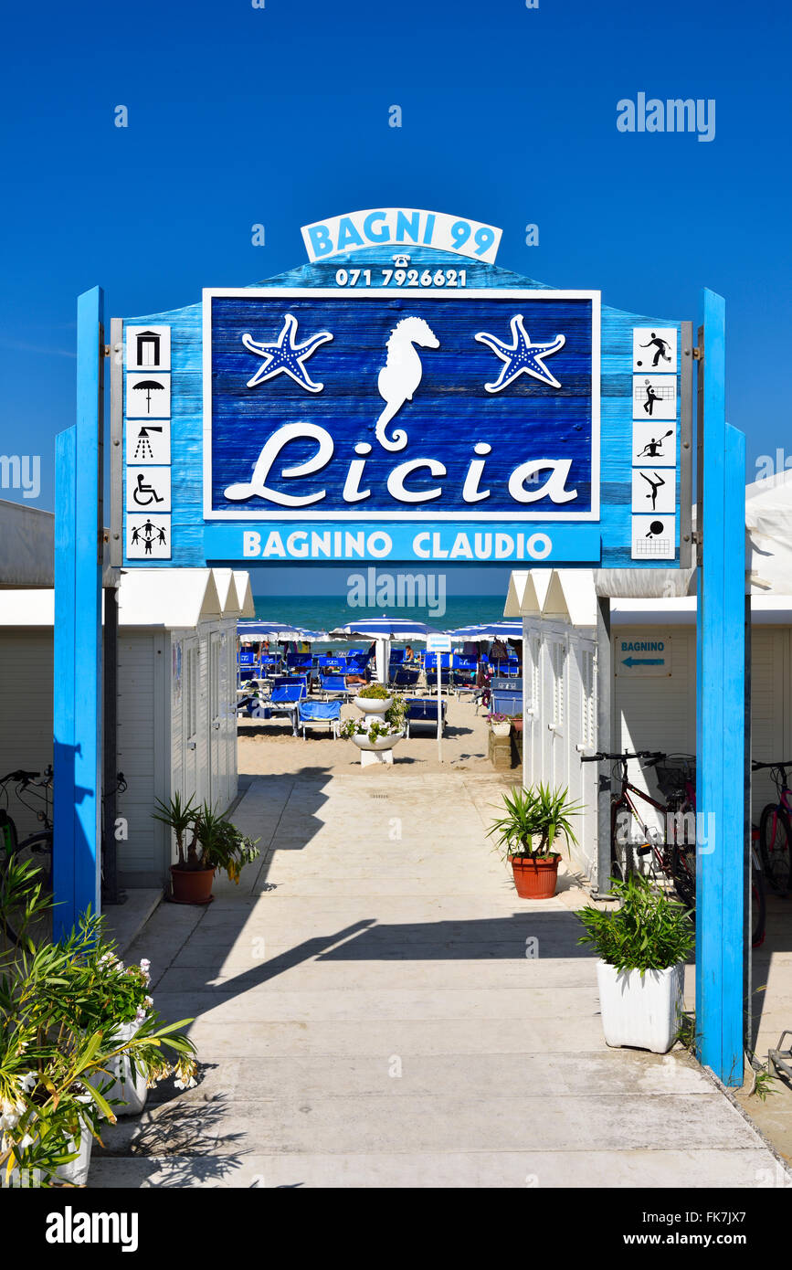 Licia, Bagnino Claudio, seaside resort, bathing area, beach section, bagni, Sign, Senigallia, Ancona, Marken, italiy Stock Photo