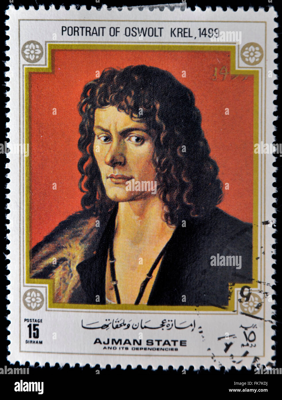 AJMAN - CIRCA 1968: A stamp printed in Ajman shows painting of Albrecht Durer - Portrait of Oswolt Krel, circa 1968 Stock Photo