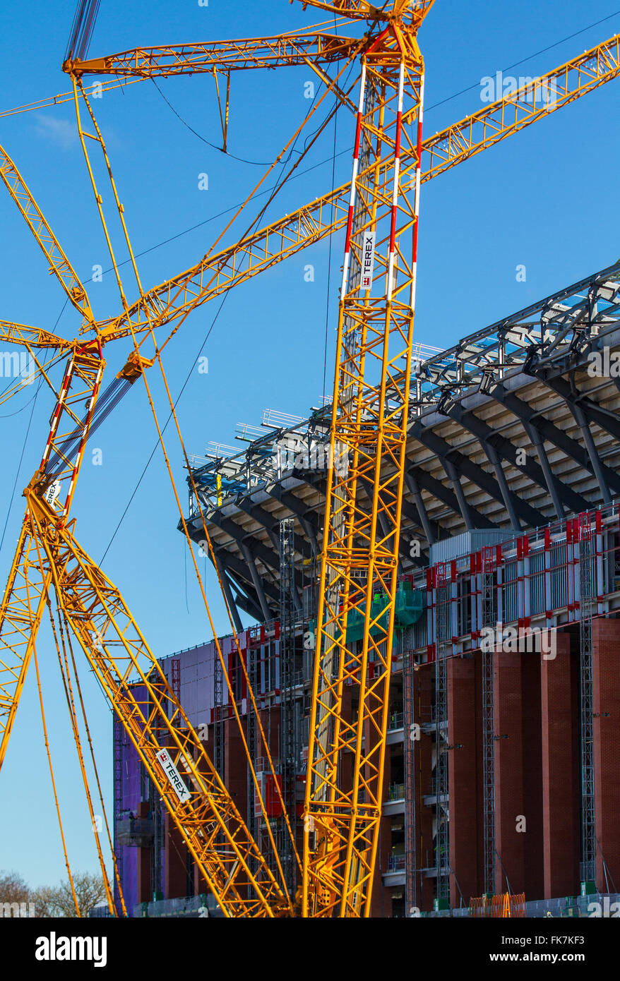 Steel erector working on New Stadium under construction Liverpool Stock