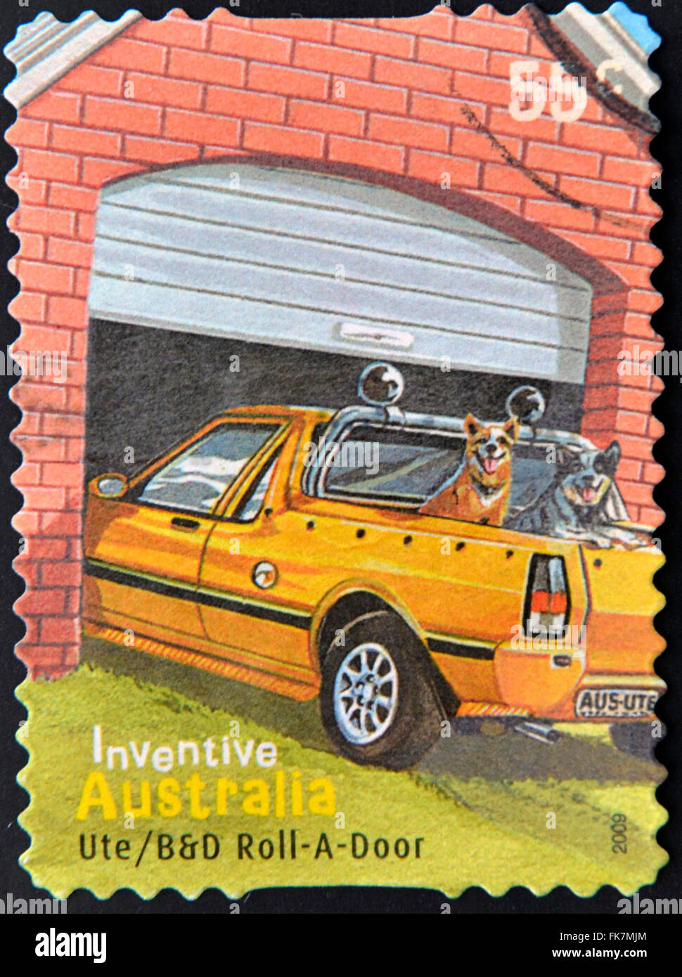 AUSTRALIA - CIRCA 2009 : a stamp printed in Australia shows australian inventions speedos - Ute / Roll a door, circa 2009 Stock Photo