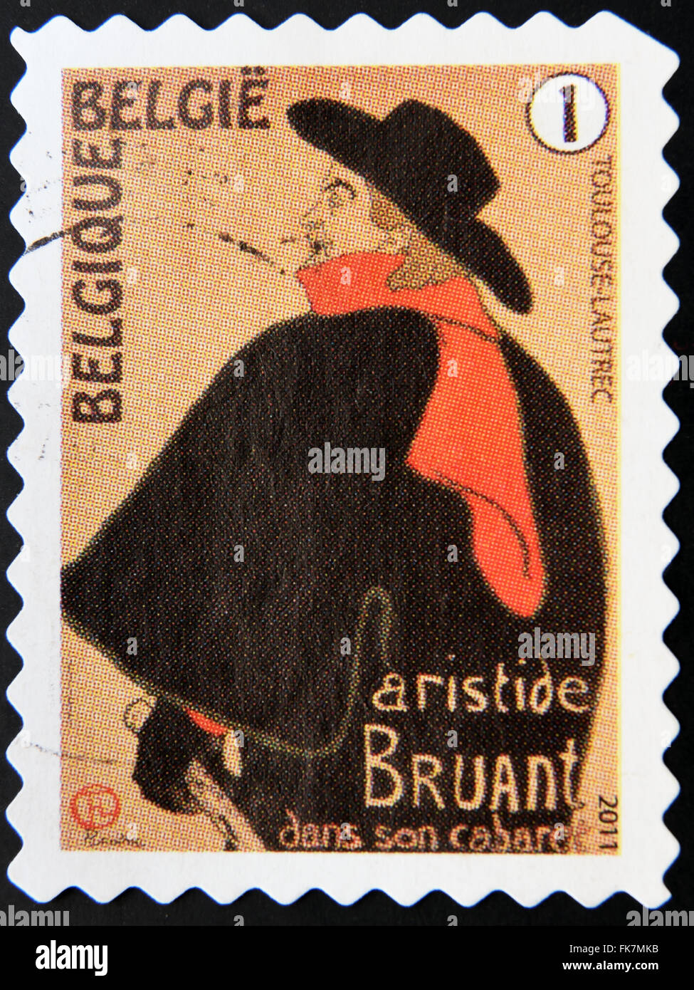 BELGIUM - CIRCA 2011: A stamp printed in Belgium shows Toulouse-Lautrec, Aristide Bruant dans son Cabaret 1893, circa 2011 Stock Photo