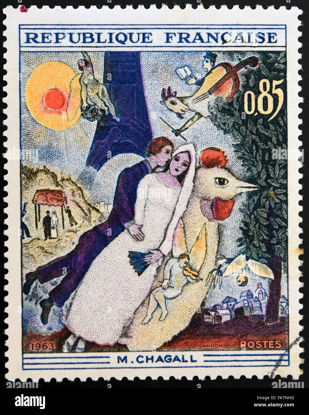 FRANCE - CIRCA 1963: A stamp printed in France shows engraving after painting Married couple at the Eiffel Tower by Marc Chagall Stock Photo