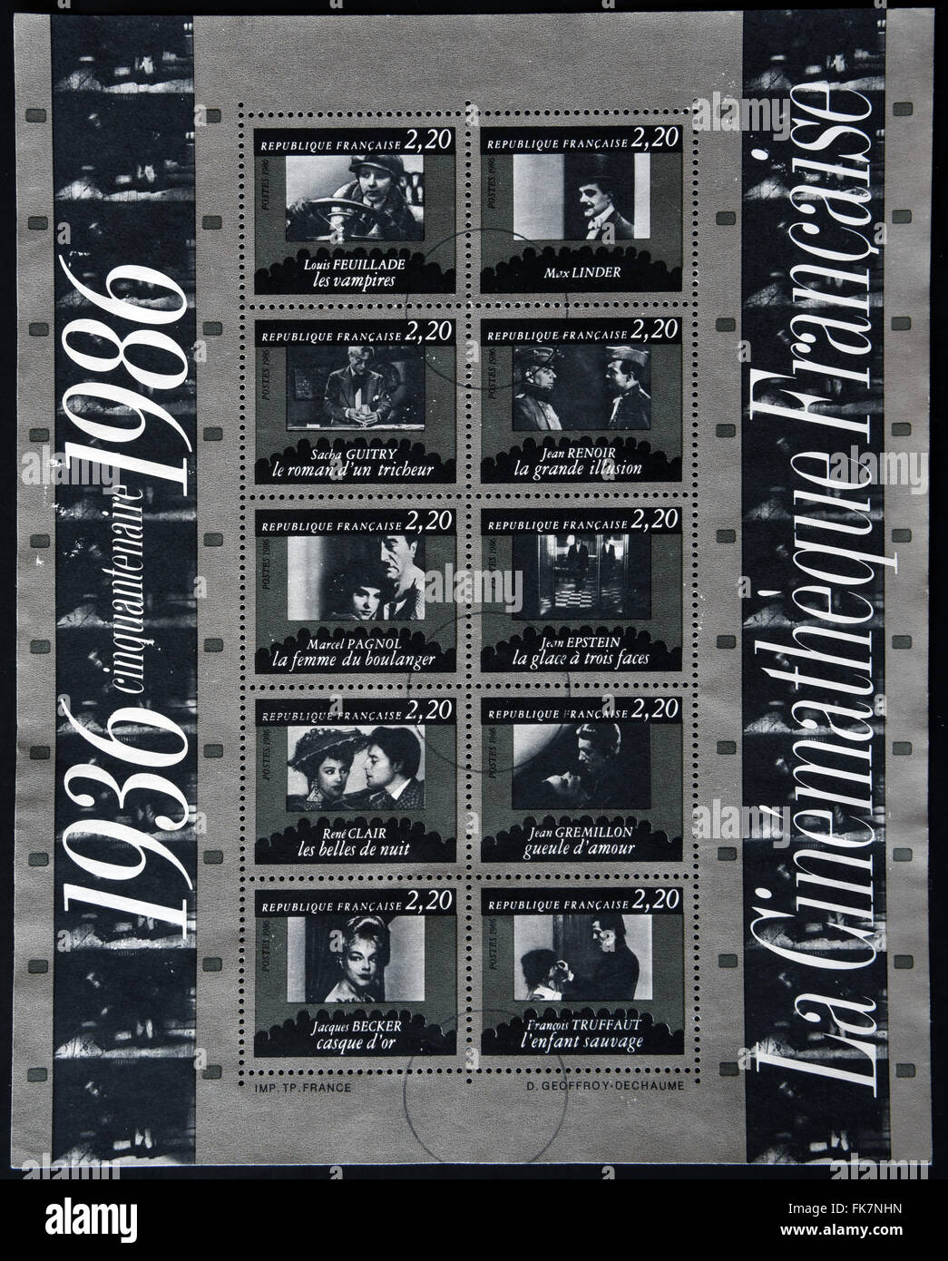 FRANCE - CIRCA 1986: Collection de stamps dedicated to centenary of the French cinema shows different scenes of movies, circa 19 Stock Photo