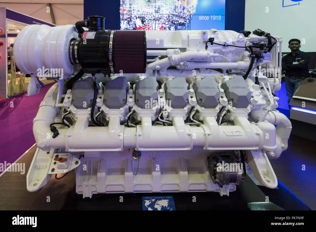 Large marine V12 diesel engine manufactured by Baudouin on display at Dubai International Boat Show 2016 , United Arab Emirates Stock Photo