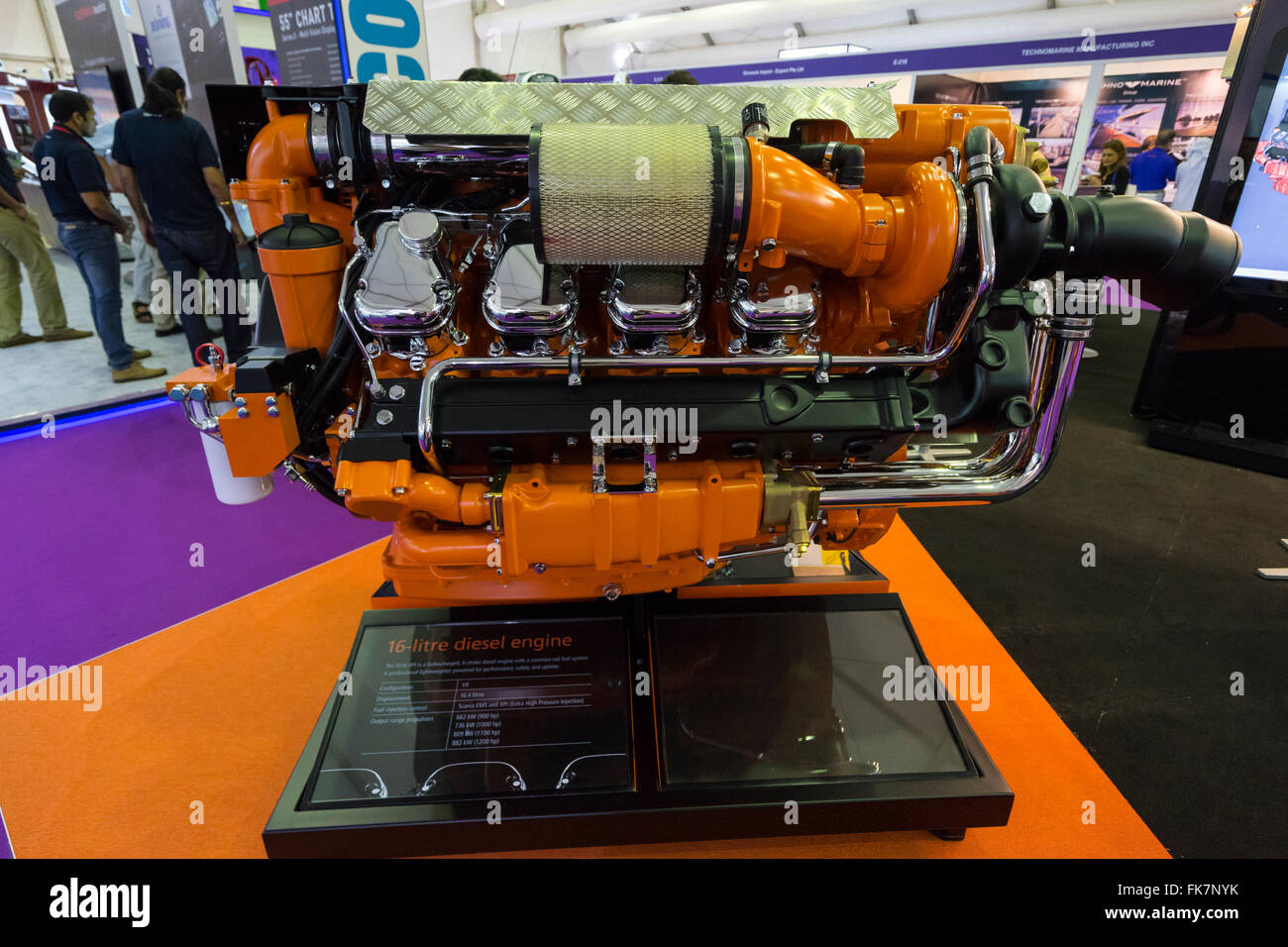 Large 16 litre marine V8diesel engine manufactured by Scania on display at Dubai International Boat Show 2016 , United Arab Emir Stock Photo