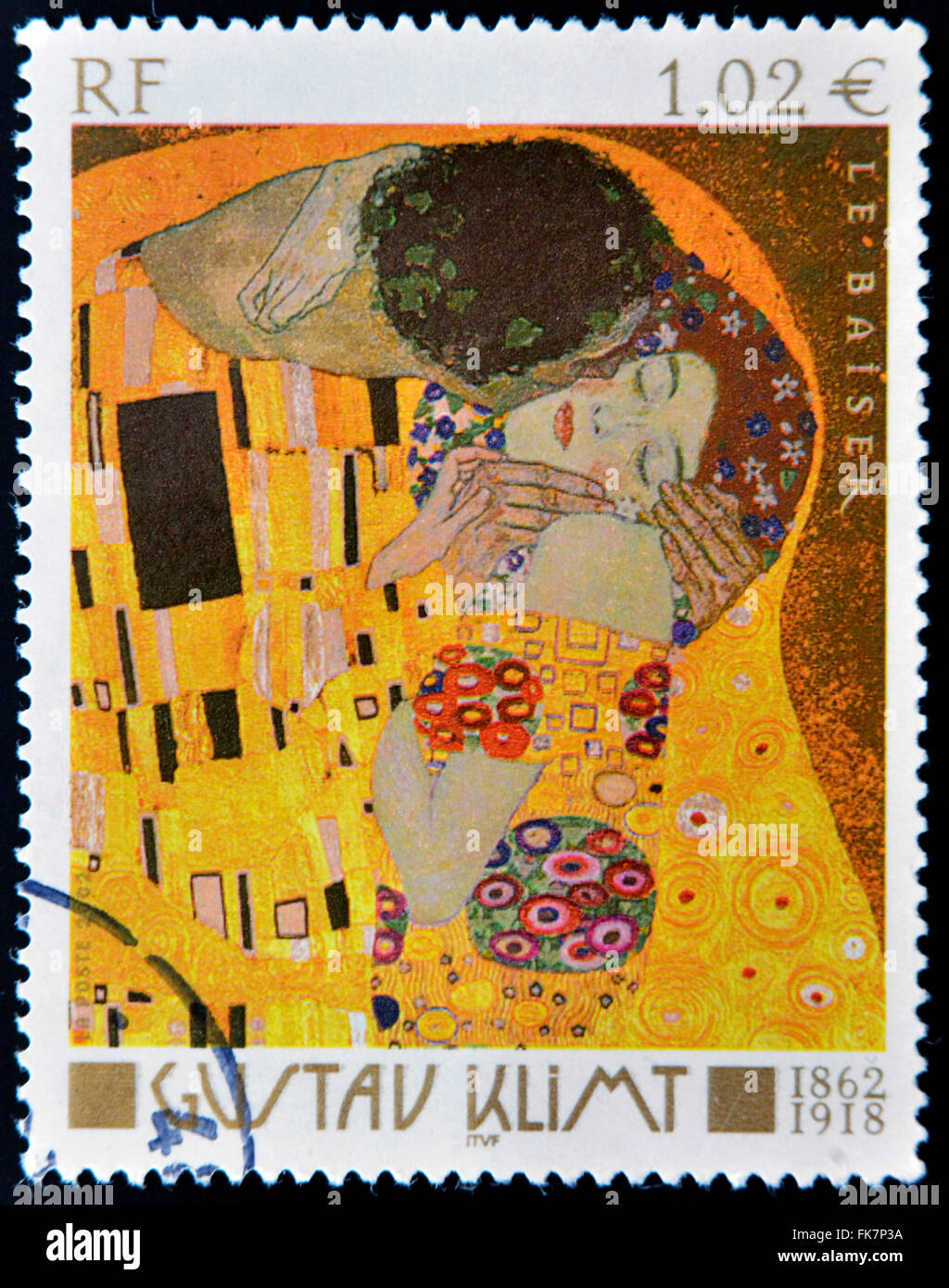 FRANCE -CIRCA 2002: stamp printed in France shows famous picture The Kiss (Le Baiser) by Austrian symbolist painter Gustav Klimt Stock Photo