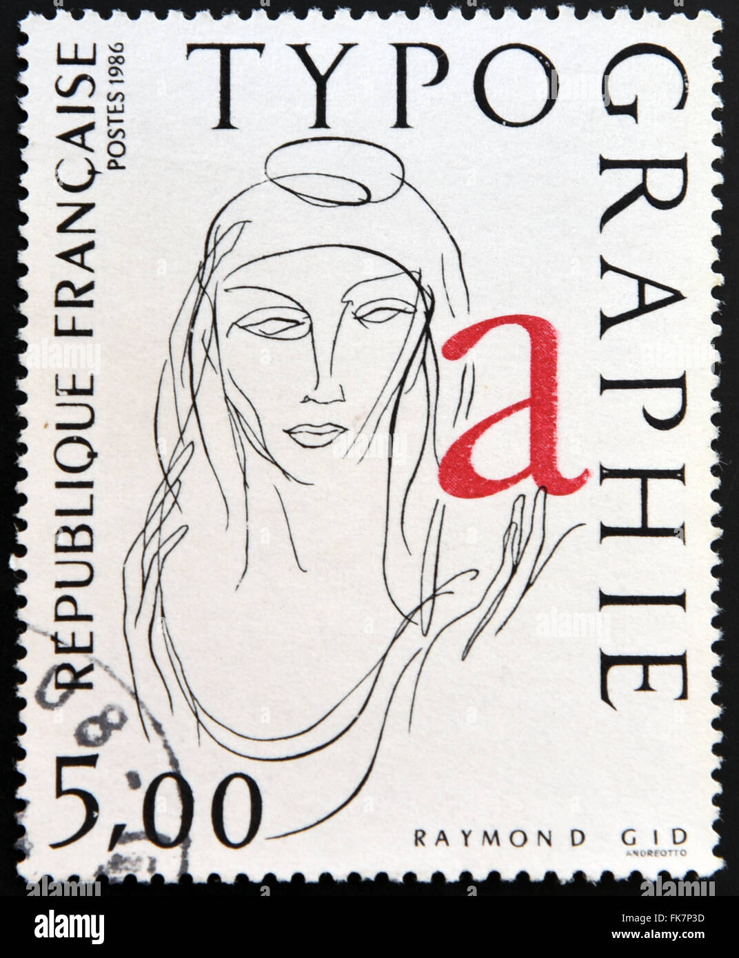 FRANCE - CIRCA 1986: a stamp printed in France shows La Marianne, Typograph by Raymond Gid, circa 1986 Stock Photo