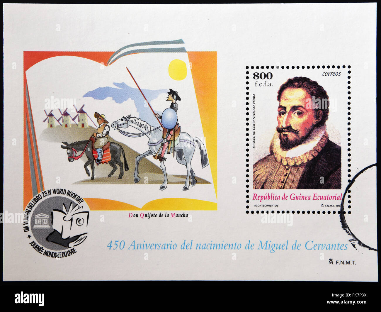 EQUATORIAL GUINEA - CIRCA 1997: A stamp printed in Guinea shows portrait of Miguel de Cervantes Saavedra (1547-1616) Stock Photo