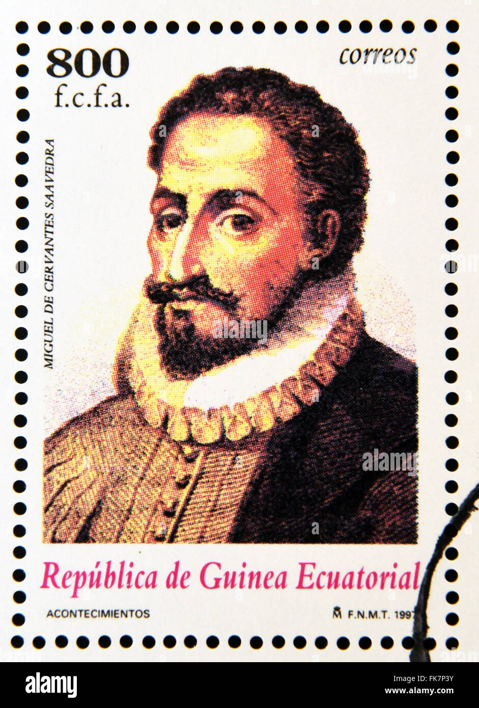 EQUATORIAL GUINEA - CIRCA 1997: A stamp printed in Guinea shows portrait of Miguel de Cervantes Saavedra (1547-1616) Stock Photo