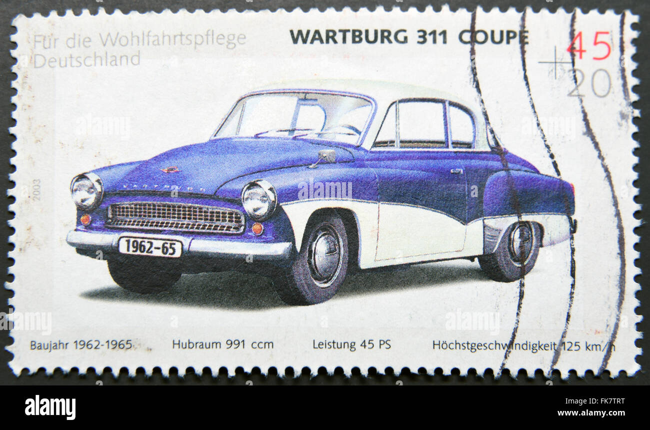 GERMANY - CIRCA 2003: A stamp printed in Germany shows a Wartburg 311 coupe, circa 2003 Stock Photo