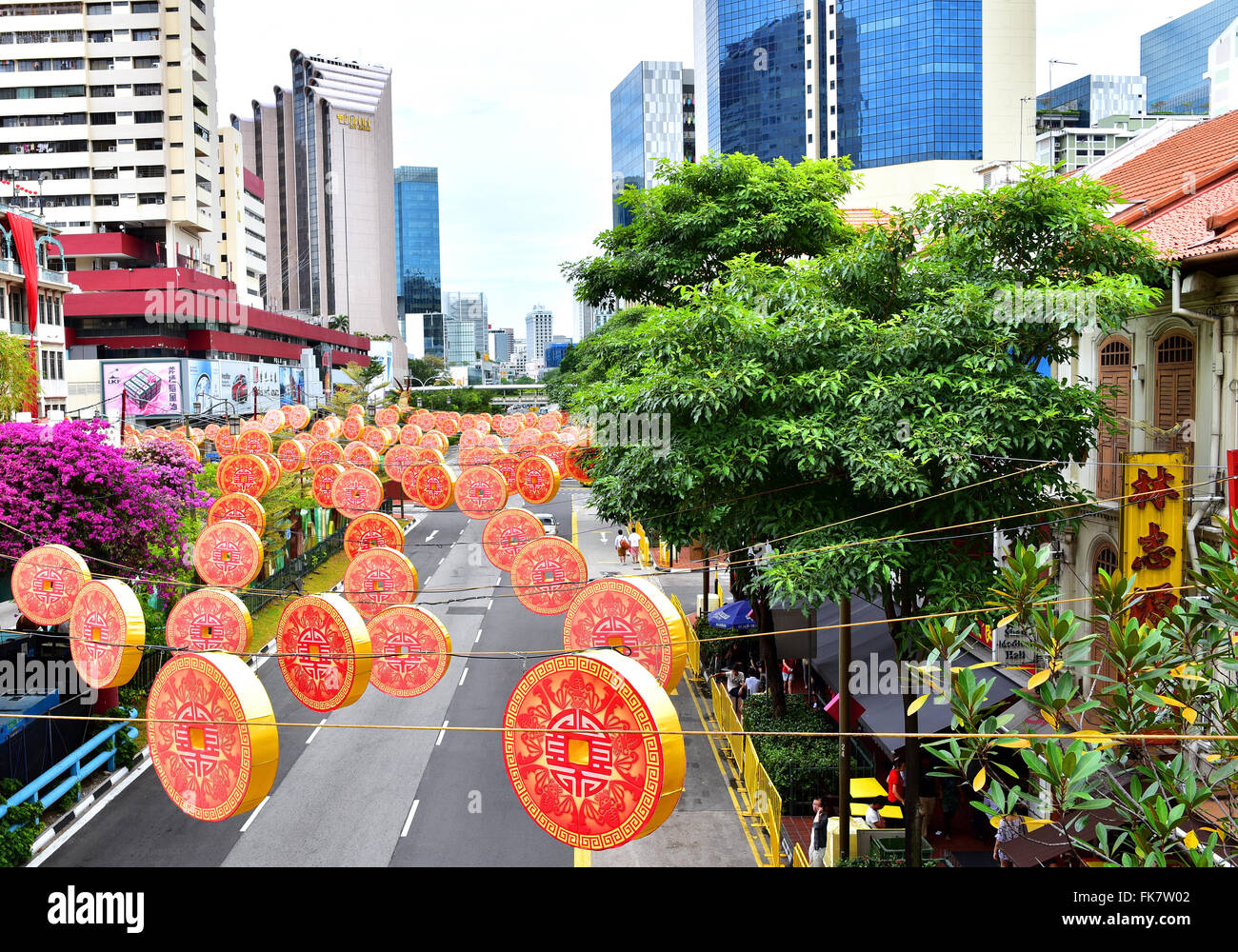 Singapore-February,2015 , Street in Chinatown adorned with colorful decorations to celebrate the Chinese New Year. Editorial.Ver Stock Photo
