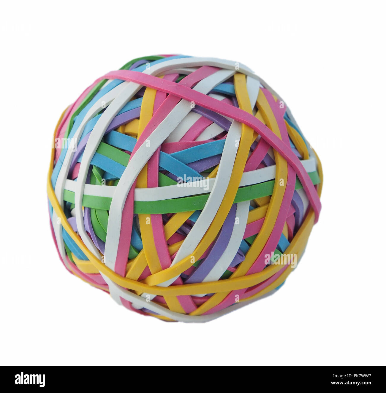 Ball of colourful elastic rubber bands, studio shot isolated on a white background. Stock Photo