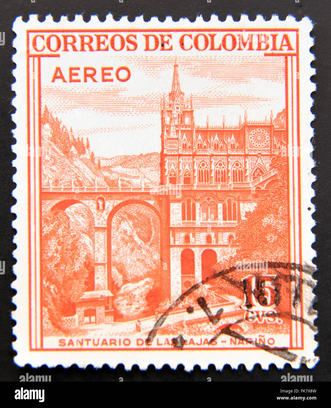 COLOMBIA - CIRCA 1954: A stamp printed in Colombia shows Santuario de las Lajas, Narino, circa 1954 Stock Photo