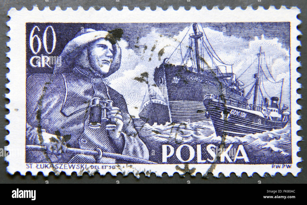 POLAND - CIRCA 1956: A stamp printed in Poland shows a Fisherman, S.S. Chopin and trawlers, circa 1956 Stock Photo