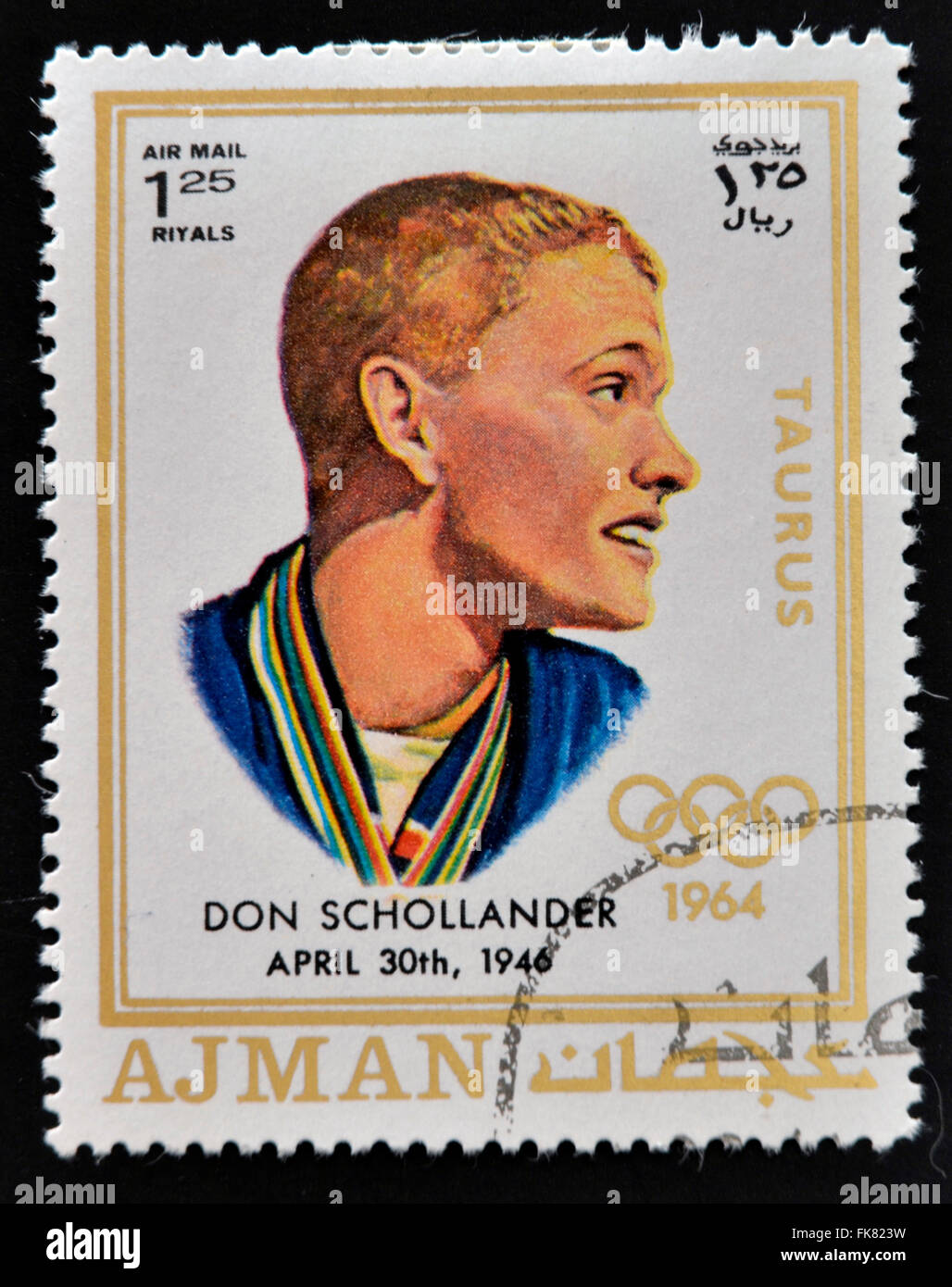 AJMAN - CIRCA 1970: A stamp printed in Ajman shows Donald Schollander, circa 1970 Stock Photo