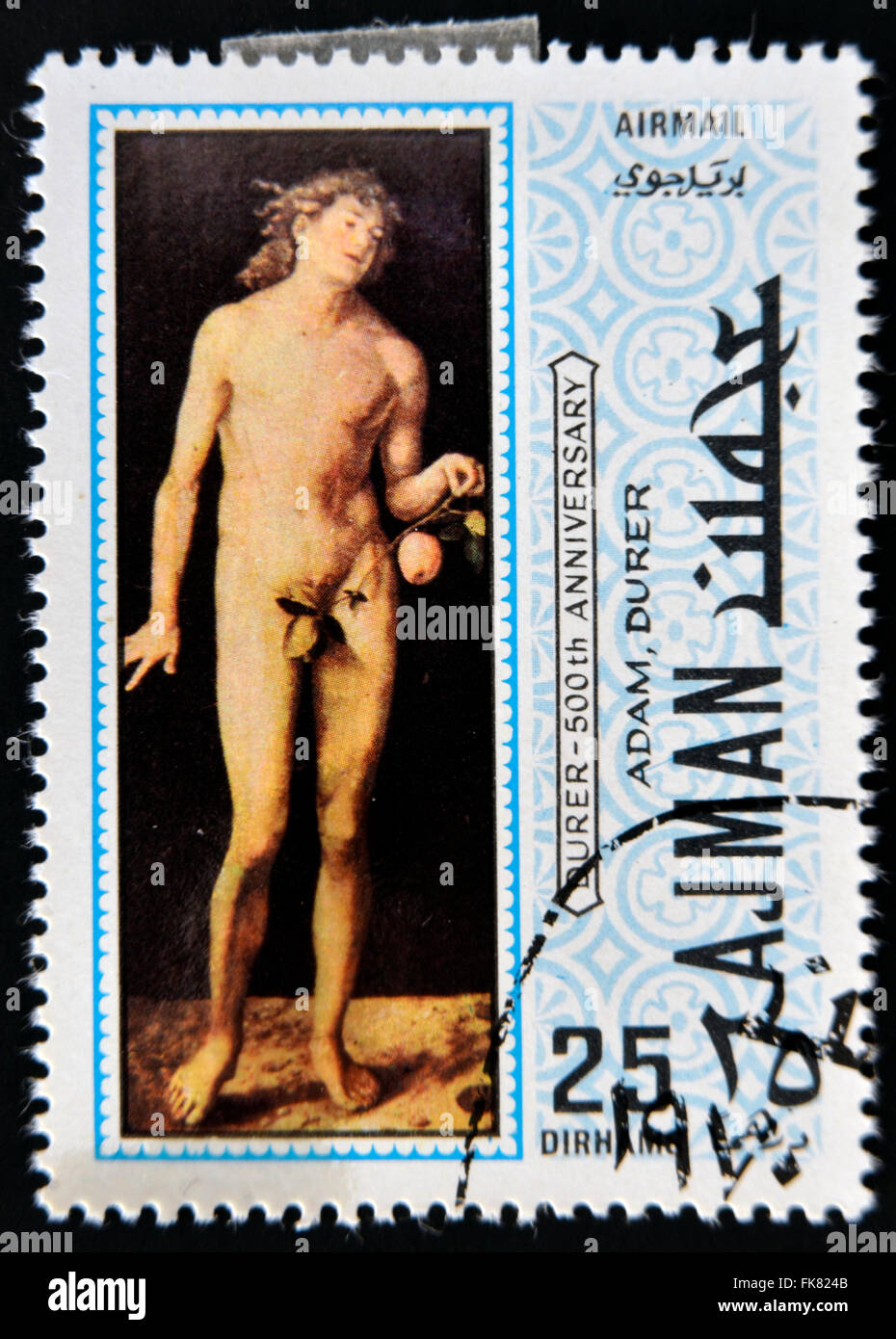 AJMAN - CIRCA 1970: a stamp printed in the Ajman shows Adam, Painting by Albrecht Durer, circa 1970 Stock Photo