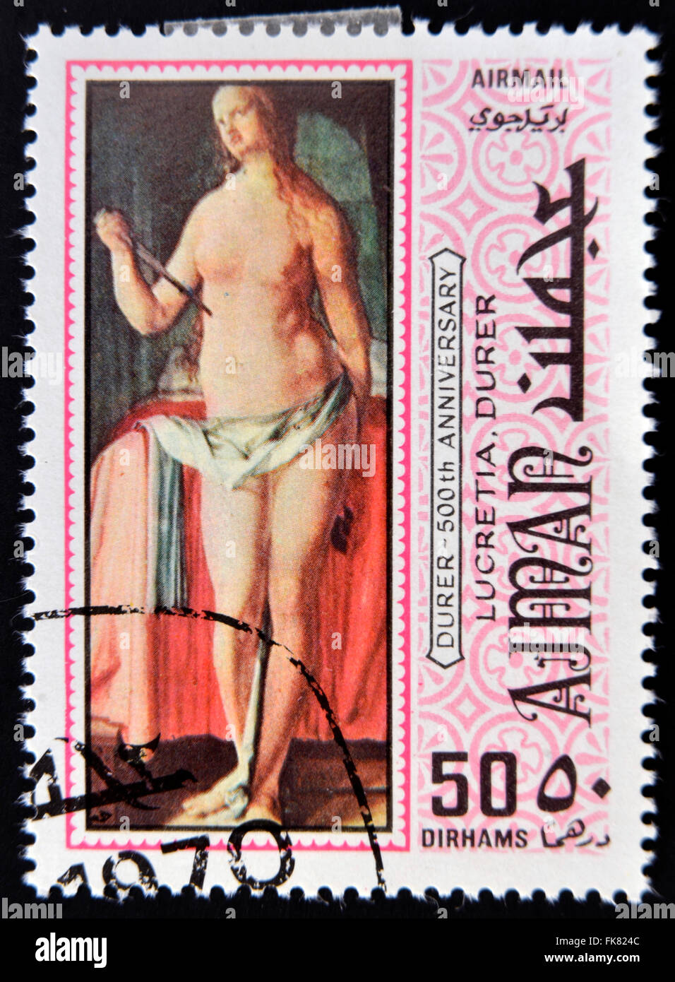 AJMAN - CIRCA 1970: a stamp printed in Ajman shows Lucretia, Painting by Albrecht Durer, circa 1970 Stock Photo