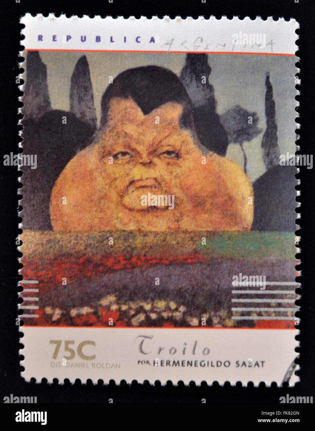 ARGENTINA - CIRCA 1997: A stamp printed in Argentina dedicated to argentinian musicians, shows Anibal Troilo by Hermenegildo Sab Stock Photo