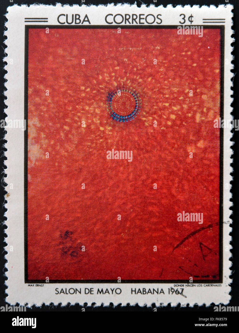CUBA - CIRCA 1968: Stamp printed in Cuba commemorative to May Salon, 1967, shows Where Cardinals are Born by Max Ernst , circa 1 Stock Photo