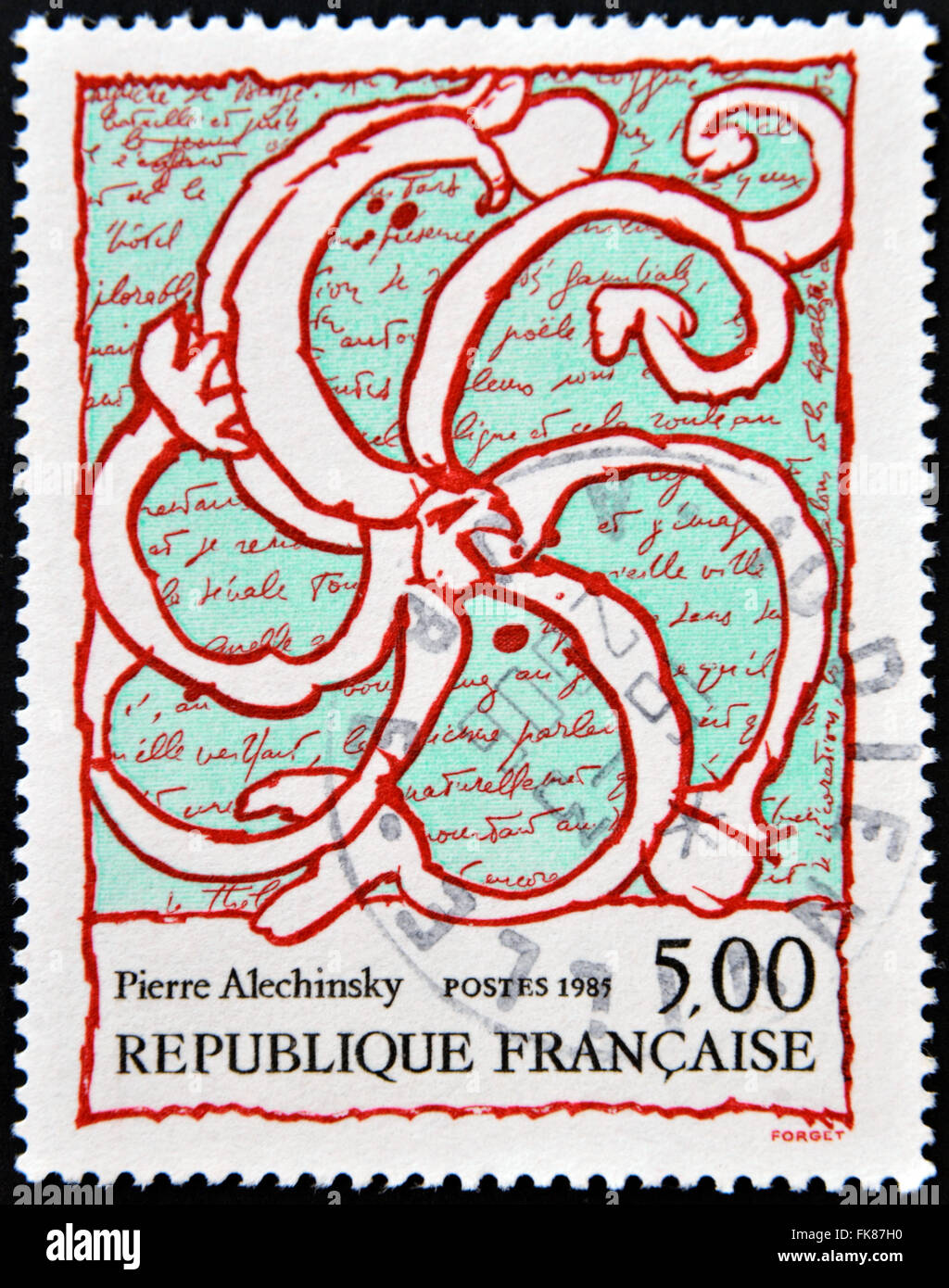 FRANCE - CIRCA 1985: a stamp printed in France shows Octopus Overlaid on Manuscript, Painting by Pierre Alechinsky, circa 1985 Stock Photo