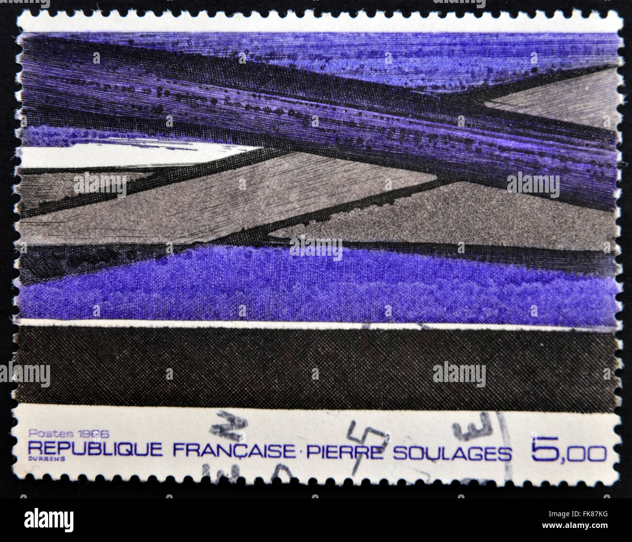 FRANCE - CIRCA 1986: A stamp printed in France shows a painting by Pierre Soulages, circa 1986 Stock Photo