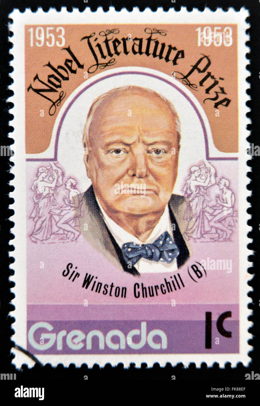 GRENADA - CIRCA 1953: A stamp printed in Grenada shows Sir Winston Churchill, nobel literature prize, circa 1953 Stock Photo