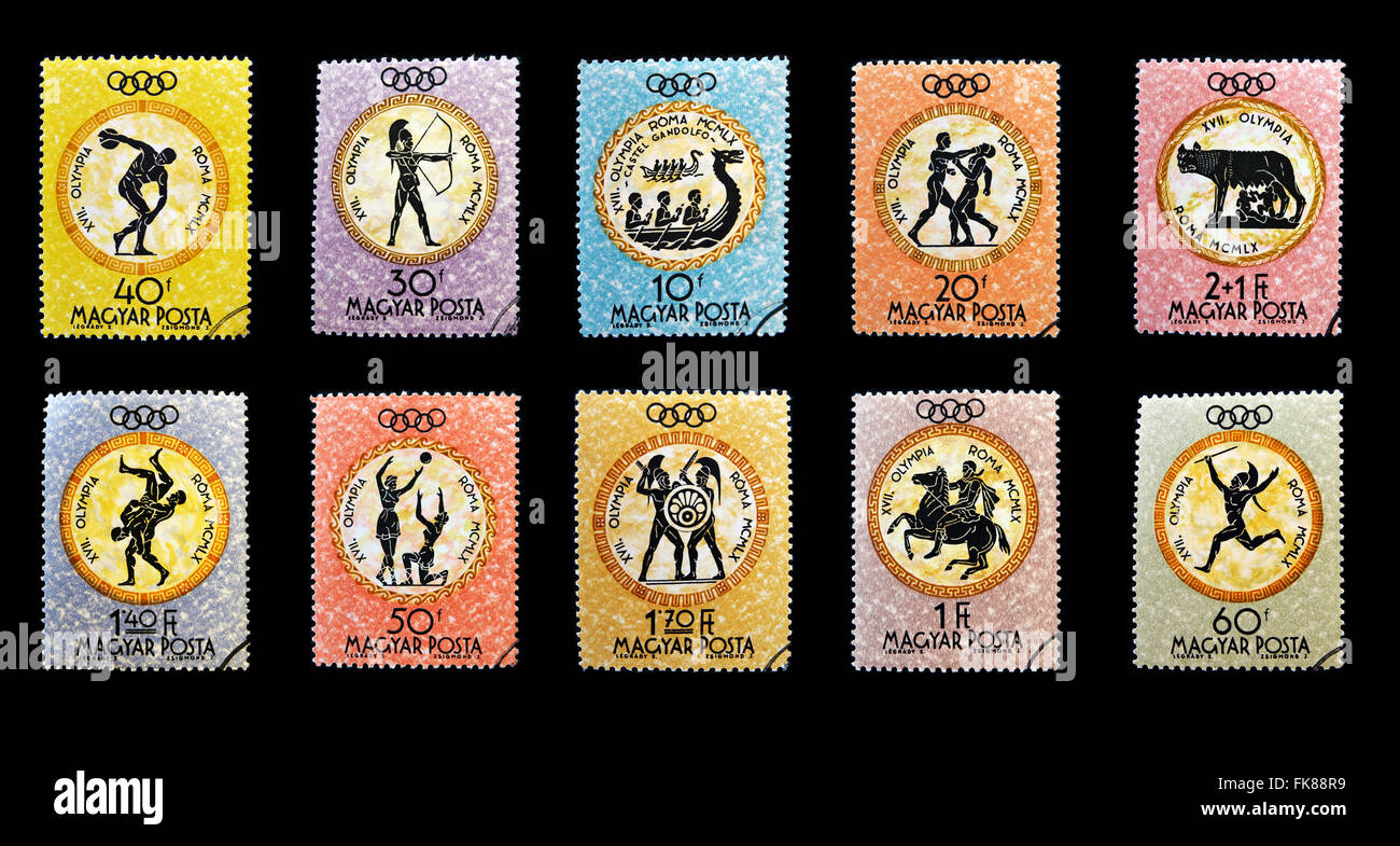 HUNGARY - CIRCA 1960: Stamps printed in Hungary devoted to the Olympic games in Rome, circa 1960 Stock Photo