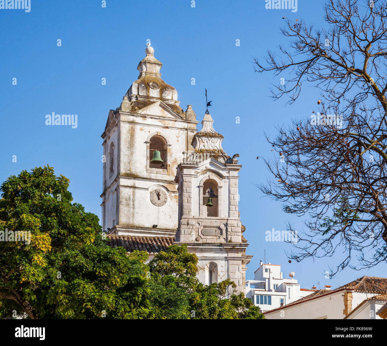 Portugal, Algarve, Lagos, bell steeples of San Antonio Church in the historic center of Lagos Stock Photo