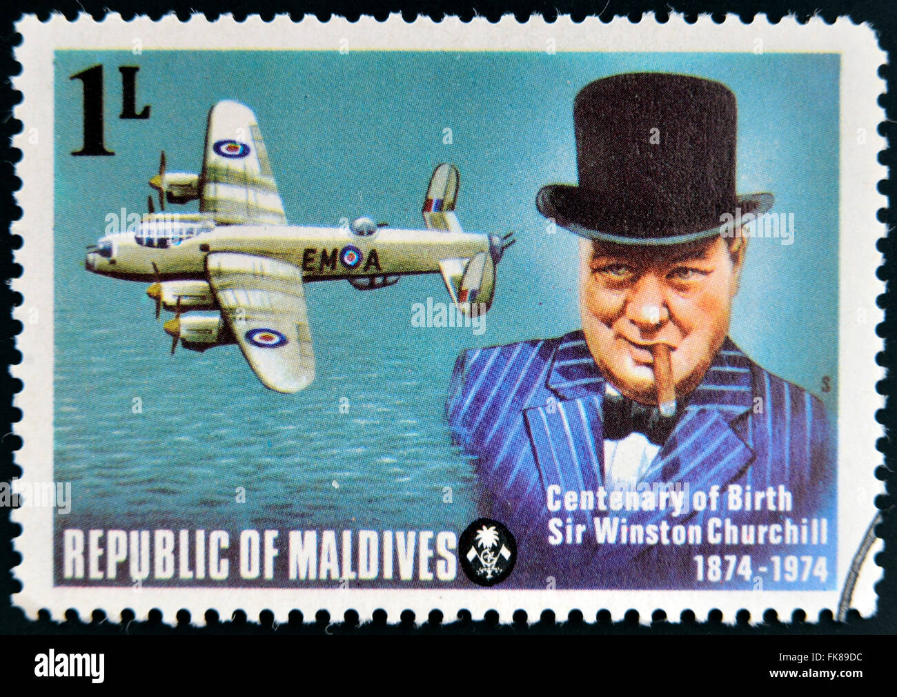MALDIVES - CIRCA 1974: A stamp printed in Maldives dedicated to centenary of birth Sir Winston Churchill, circa 1974 Stock Photo