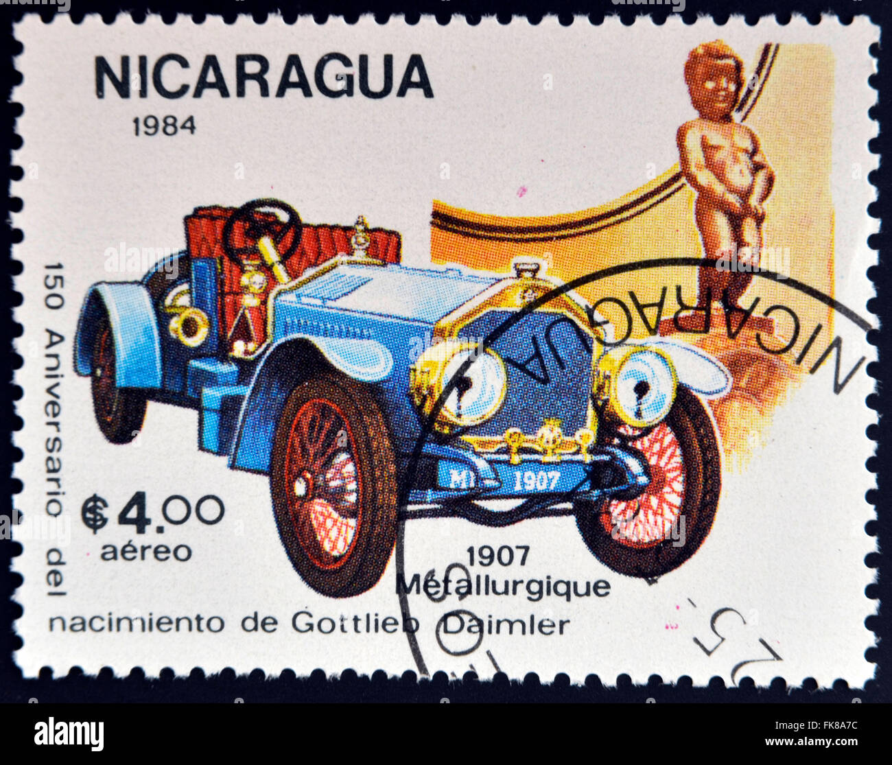 NICARAGUA - CIRCA 1984: A stamp printed in Nicaragua shows vintage car, circa 1984 Stock Photo