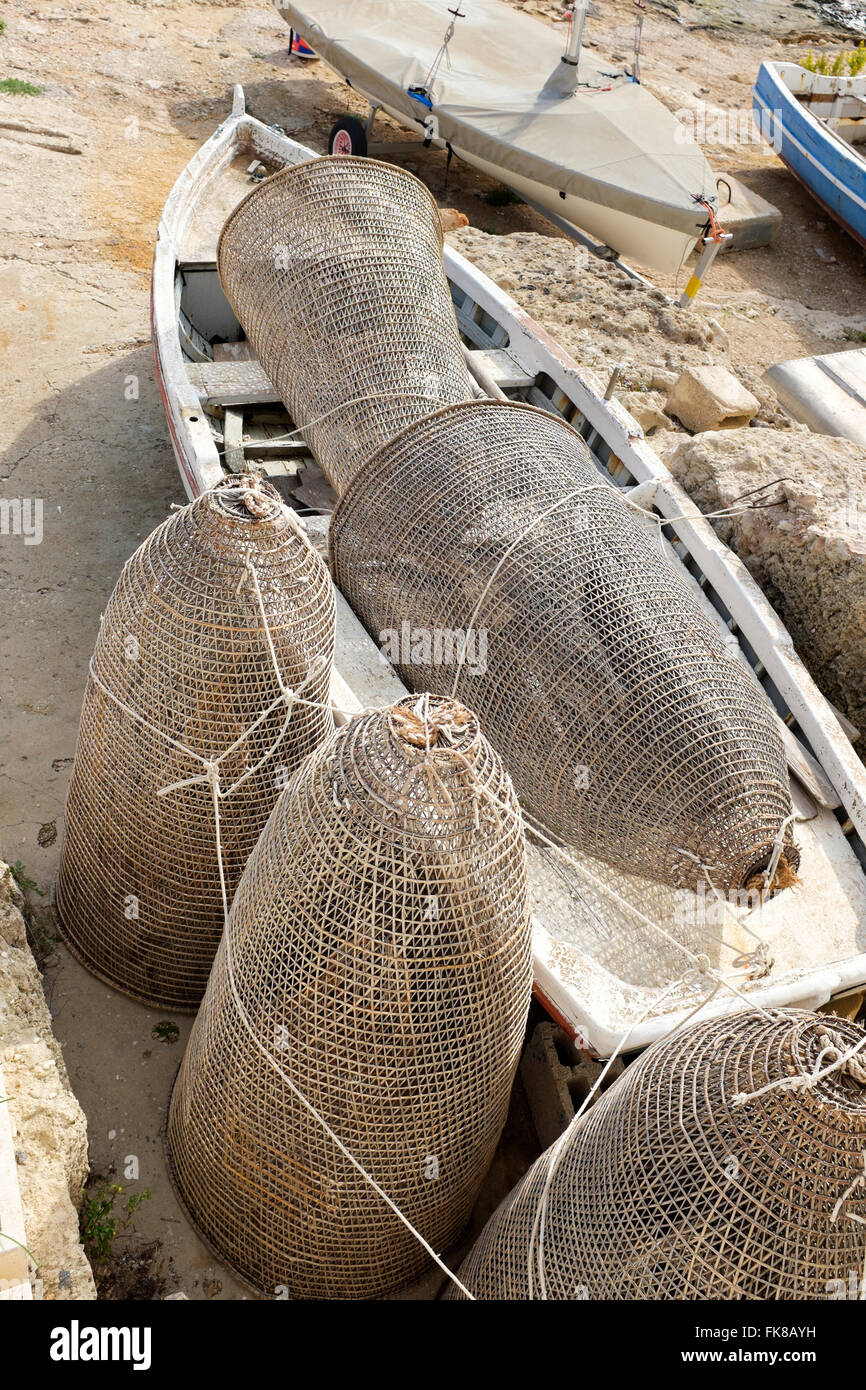Traditional fish-traps (nasse) on the beach in Santa Maria di Leuca, Puglia, Italy Stock Photo