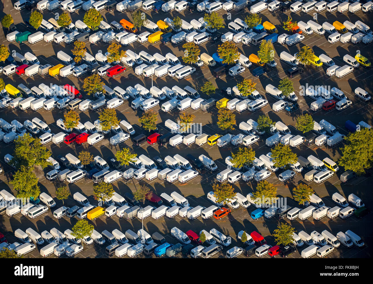 Aerial view, parking lot, car stock of Mercedes Benz, Düsseldorf, North Rhine-Westphalia, Germany Stock Photo