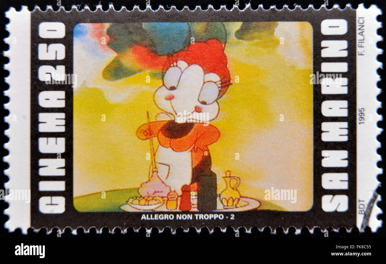 SAN MARINO - CIRCA 1995: A stamp printed in San Marino shows scene from the movie Allegro non troppo, circa 1995 Stock Photo