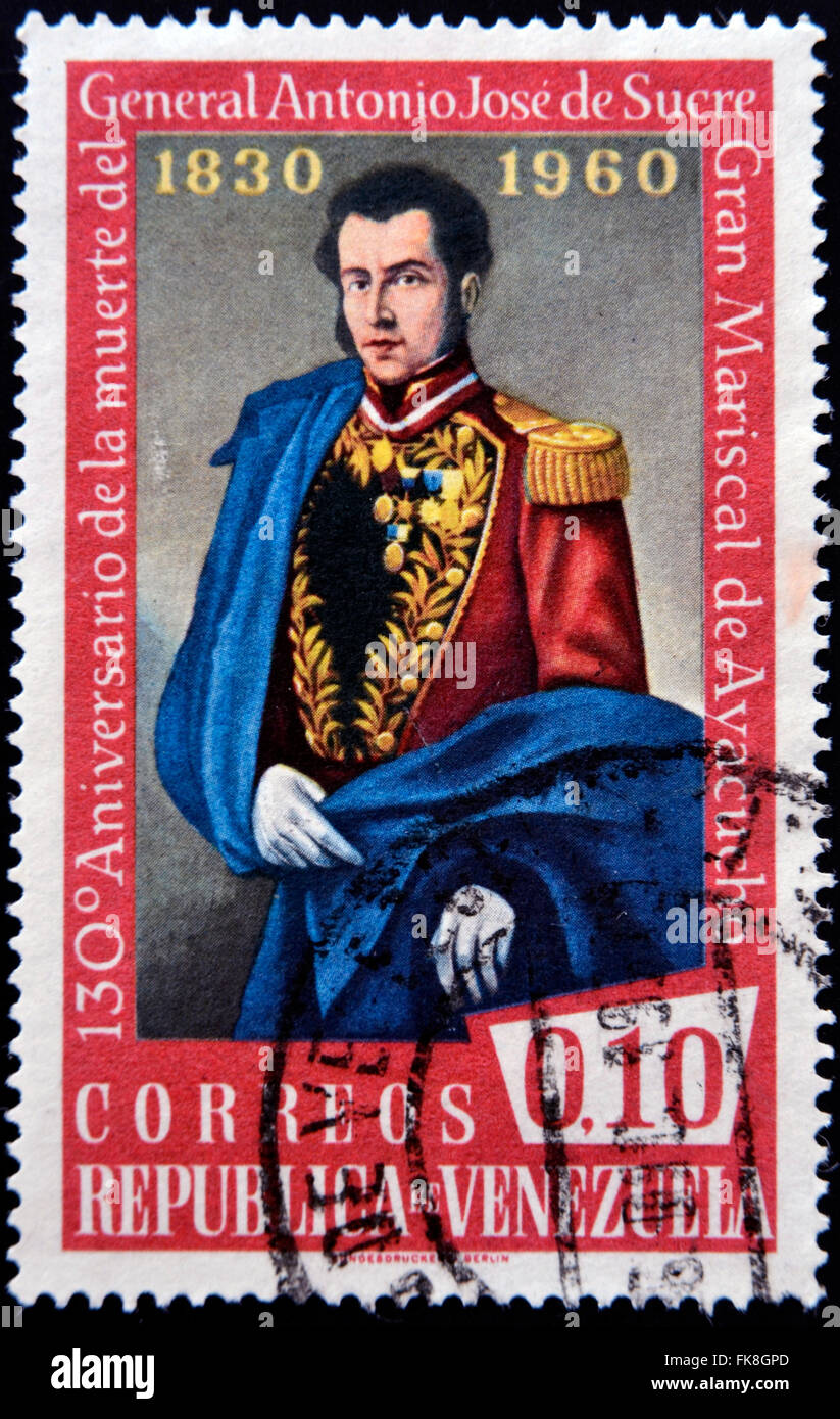 VENEZUELA - CIRCA 1960: A stamp printed in Venezuela shows Antonio Jose de Sucre, circa 1960 Stock Photo