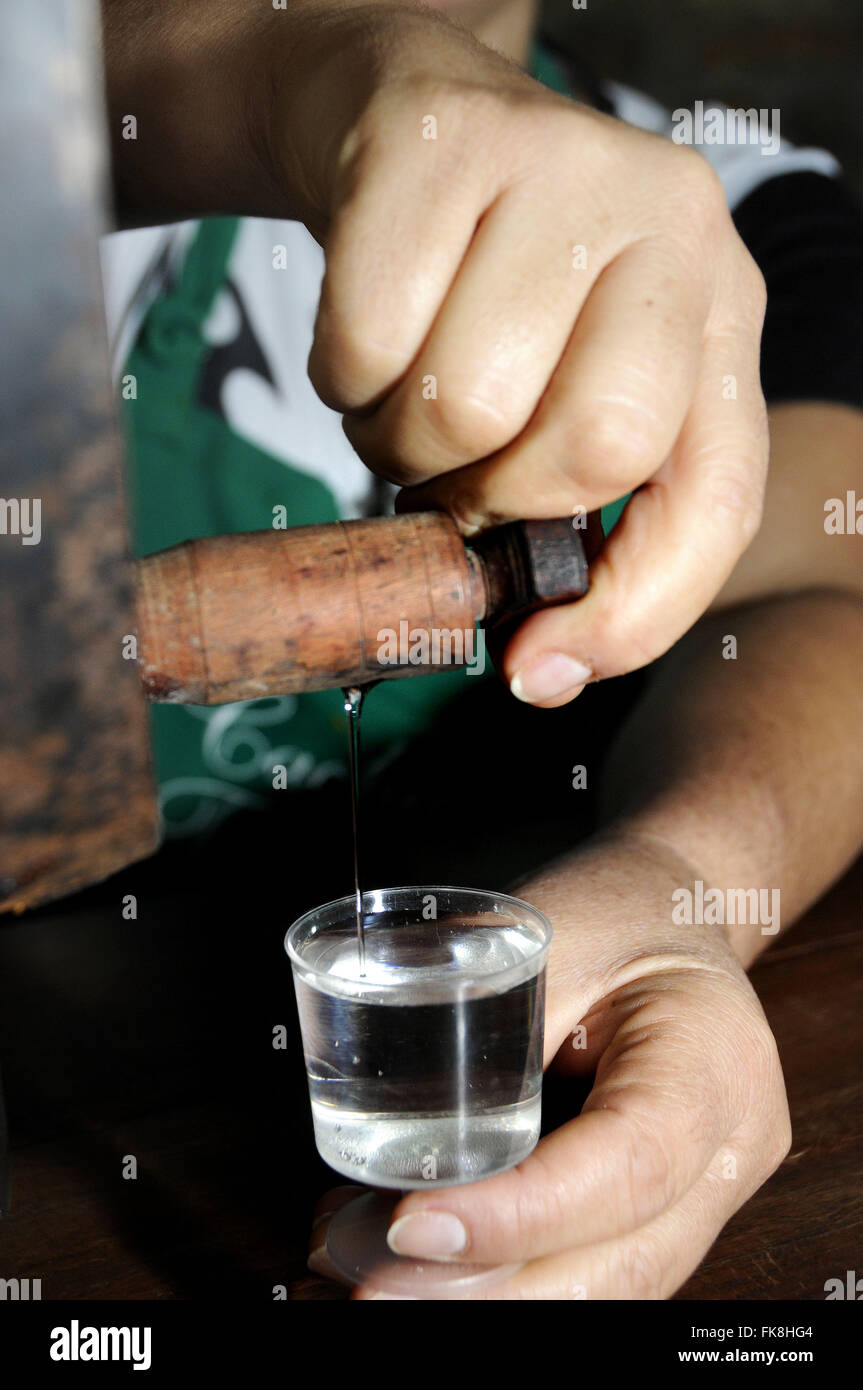 Dose of cachaca taken from barrel in plantation in the countryside of Triumph Stock Photo