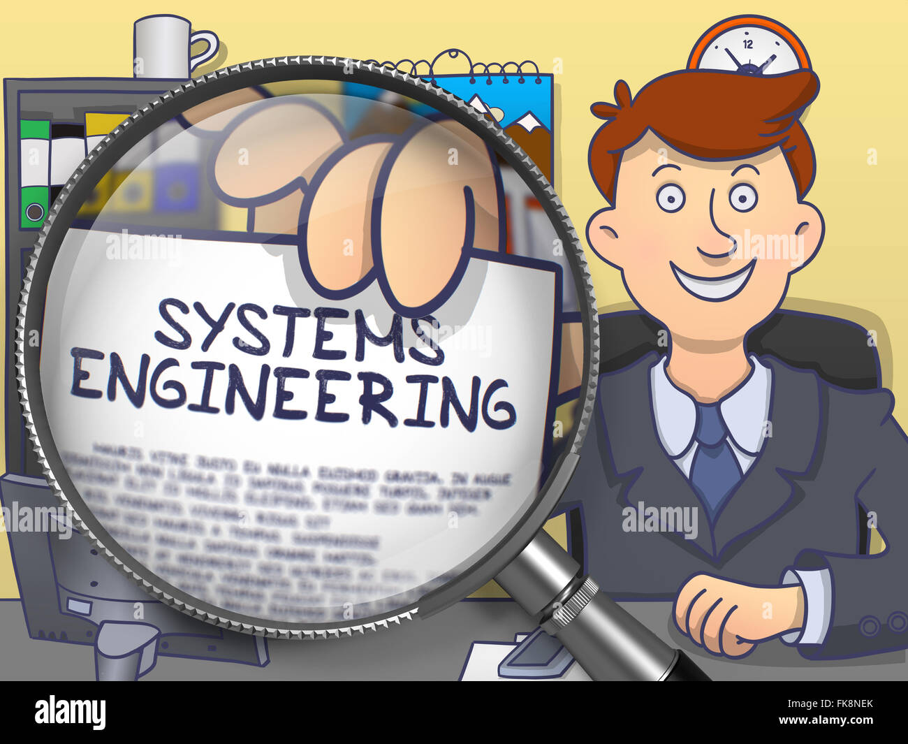Systems Engineering through Magnifying Glass. Doodle Style. Stock Photo