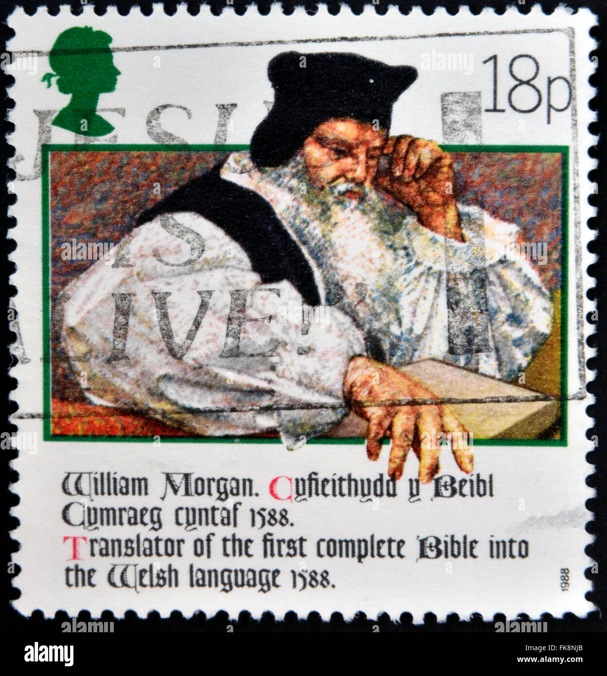 GERMANY - CIRCA 1988: Stamp printed in Germany shows William Morgan, translator of the first complete Bible into the Welsh Stock Photo