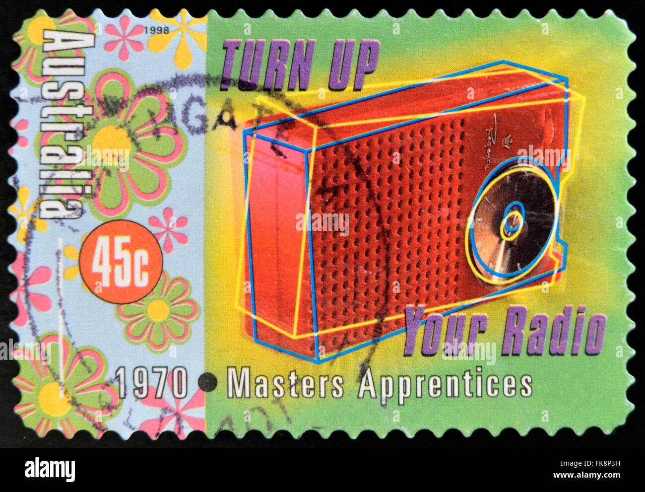 AUSTRALIA - CIRCA 1998: Stamp printed in Australia dedicated to Australian Rock and Roll shows Masters Apprentices, Turn Up Your Stock Photo