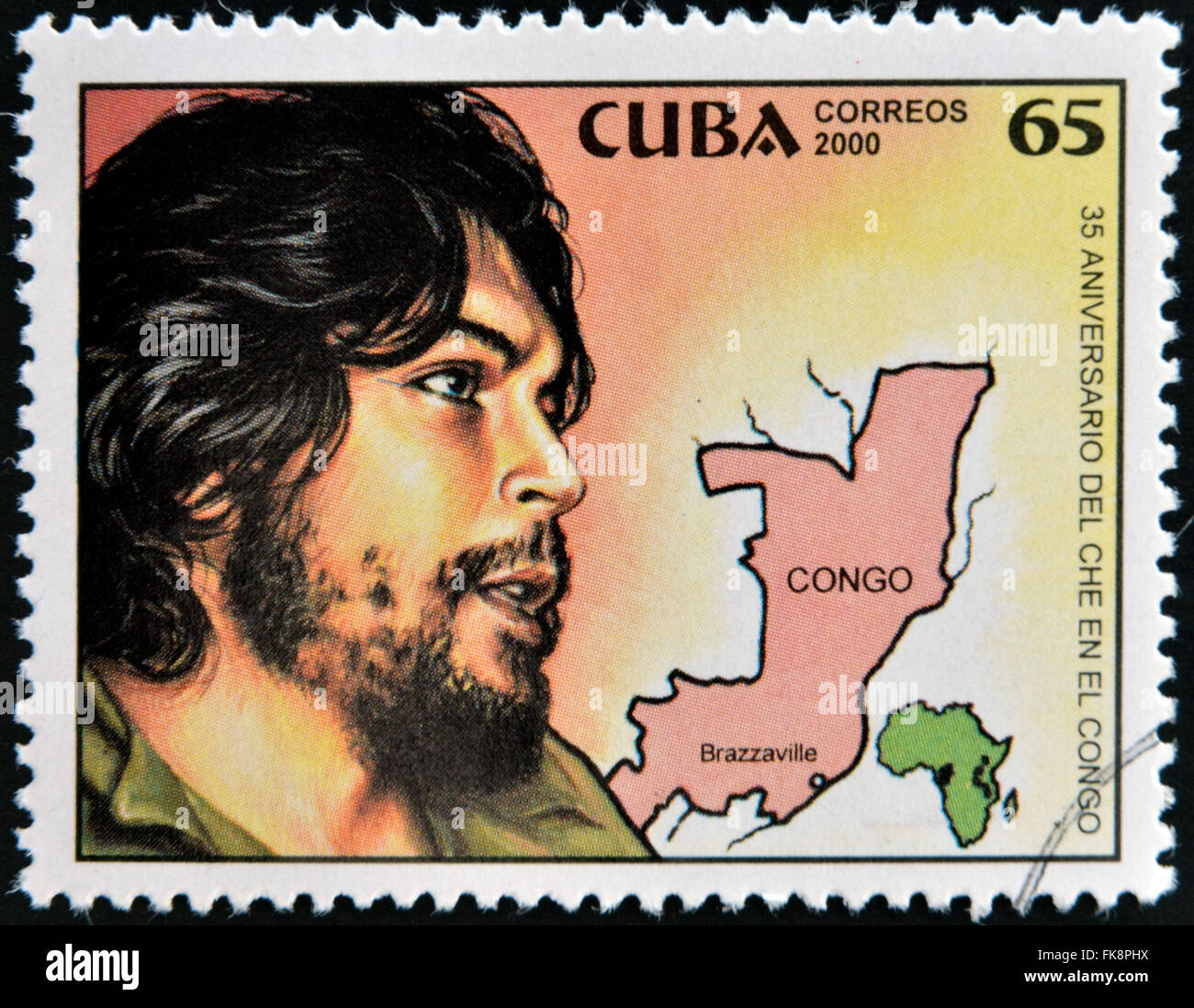 CUBA - CIRCA 2000: A stamp printed in Cuba shows Che Guevara's image and the map of congo, circa 2000 Stock Photo
