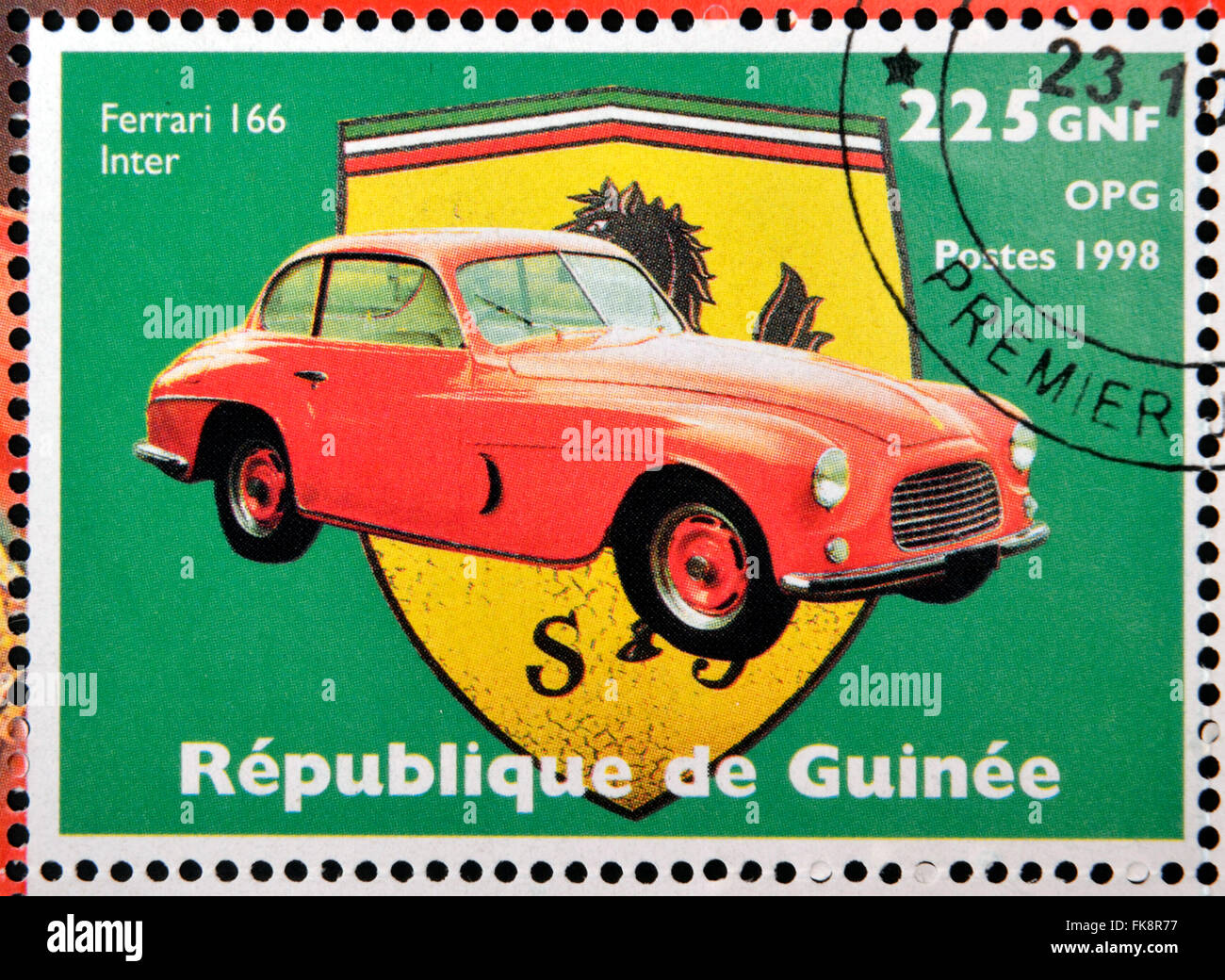 GUINEA - CIRCA 1998: Stamp printed in Guinea dedicated to anniversary of Enzo Ferrari, shows Ferrari 166 Inter, circa 1998 Stock Photo