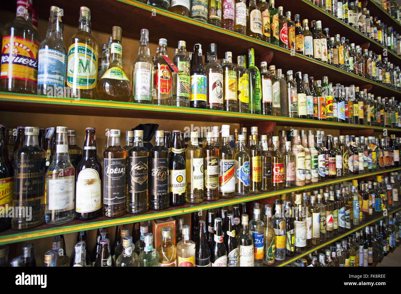 Cachaca and varied types of brands selling Parati Store Stock Photo
