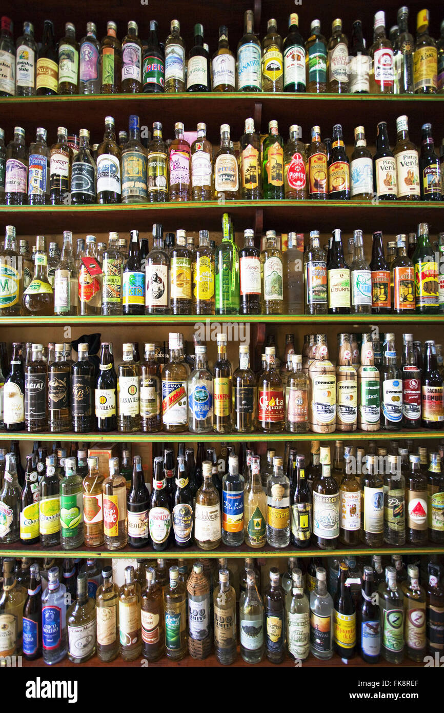 Cachaca and varied types of brands selling Parati Store Stock Photo