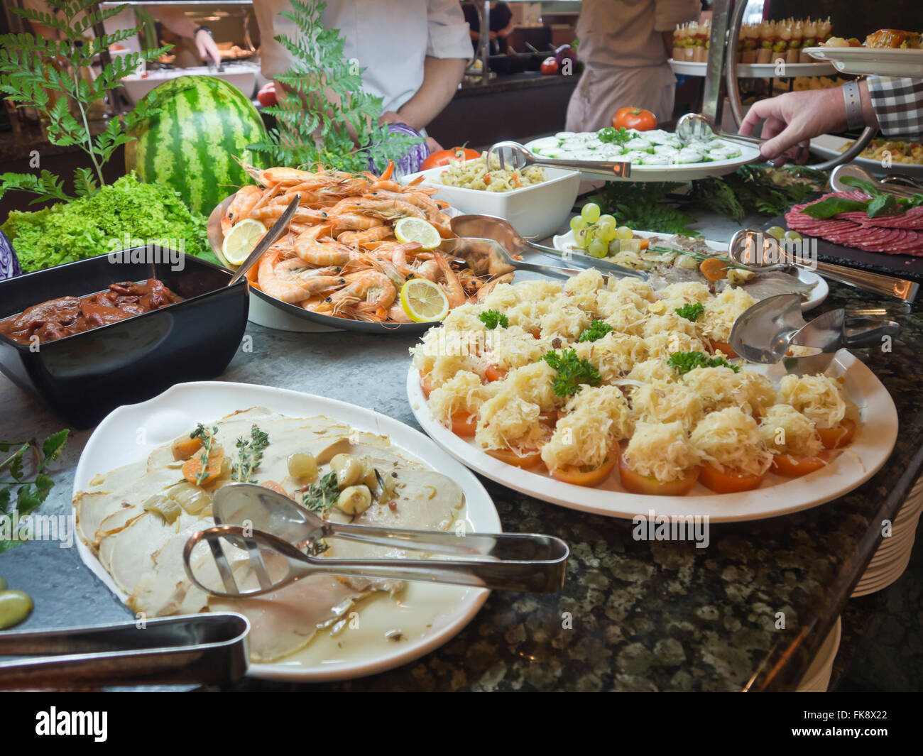Dinner or lunch buffet table in an all inclusive hotel resort in Tenerife Canary Islands Spain