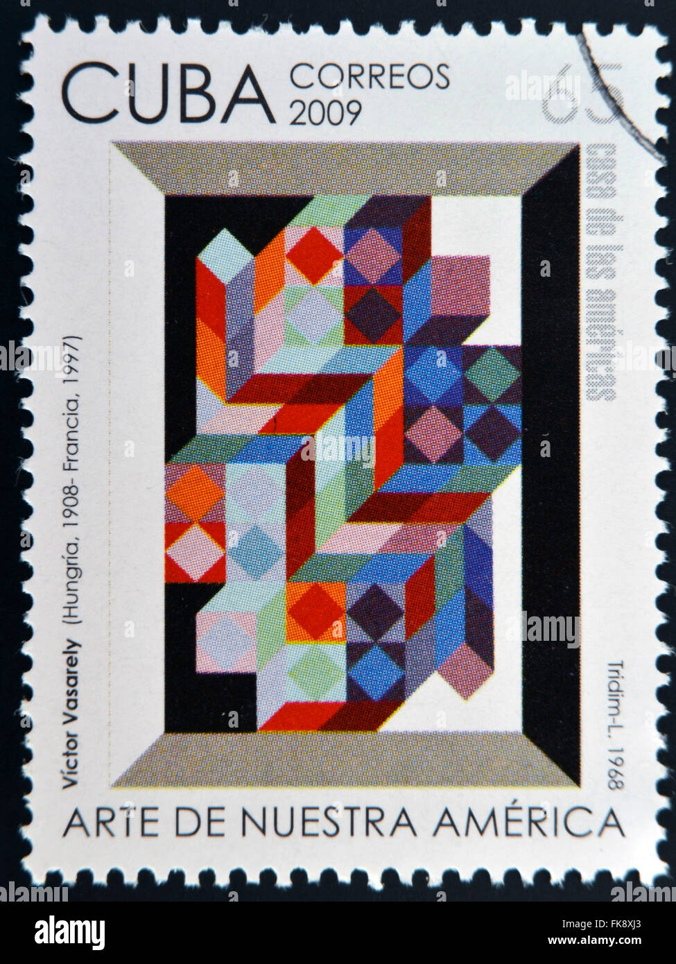CUBA - CIRCA 2009: A stamp printed in Cuba dedicated to the art of our America, shows Tridim L by Victor Vasarely, circa 2009 Stock Photo