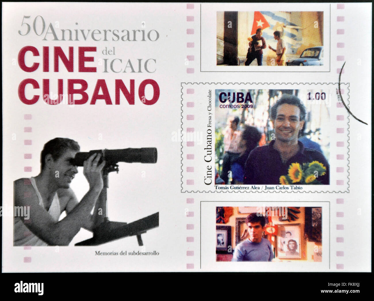 CUBA - CIRCA 2009: A stamp printed in Cuba dedicated to Cuban cinema, shows Strawberry and Chocolate by Tomás Gutiérrez Alea Stock Photo