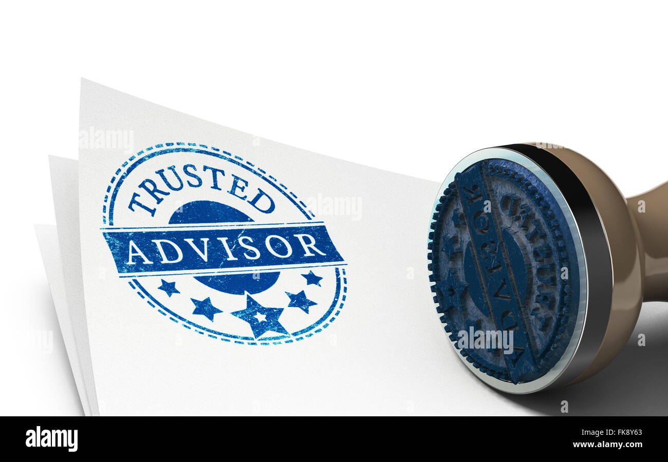 Advisor rubber stamp imprinted on a sheet of paper over white background. Concept of trust and business consulting. Stock Photo