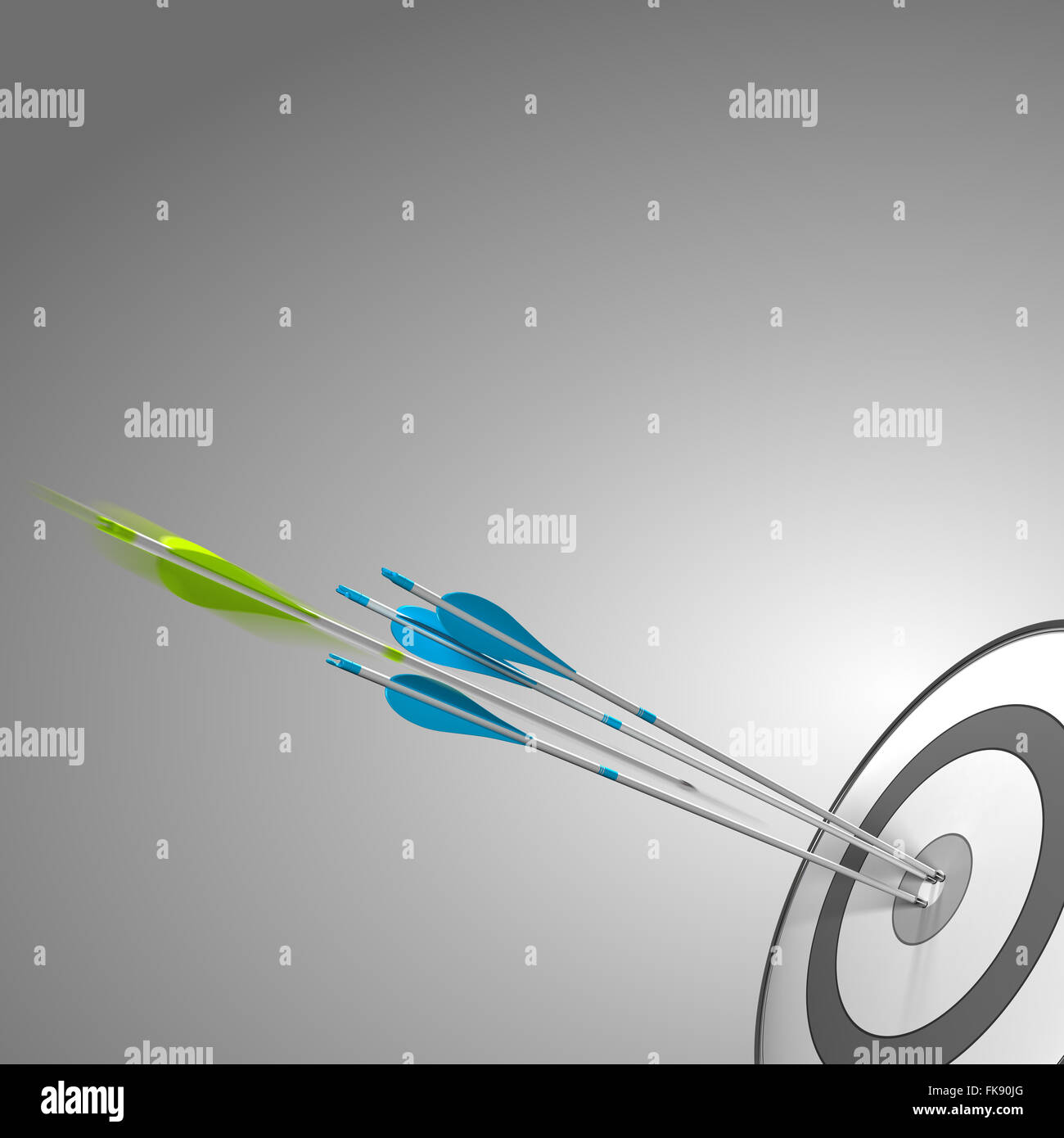 Target with three blue arrows hitting the center, plus a green arrow about to hit the bulleye. image over grey background with c Stock Photo