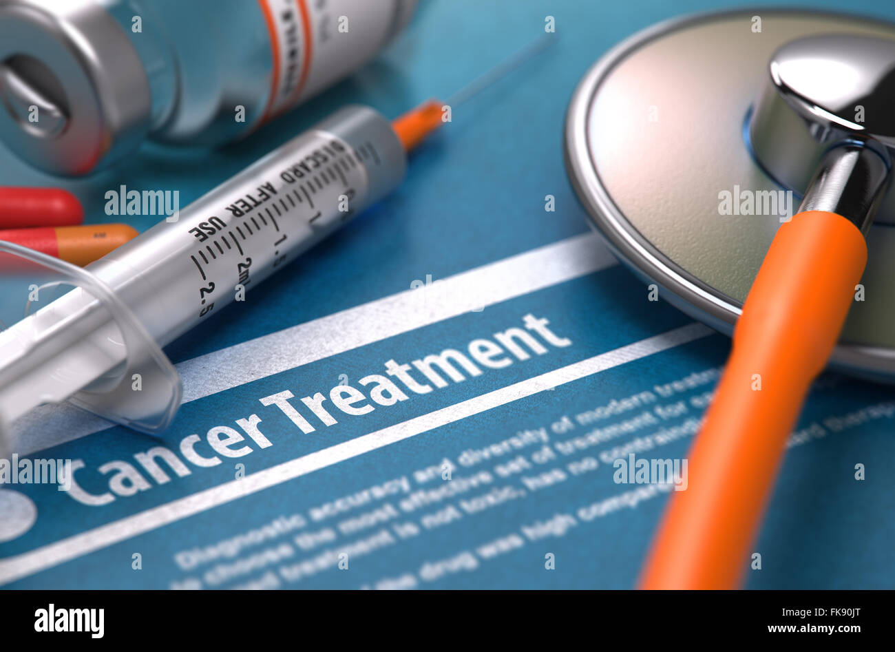 Cancer Treatment - Printed Diagnosis on Blue Background. Stock Photo