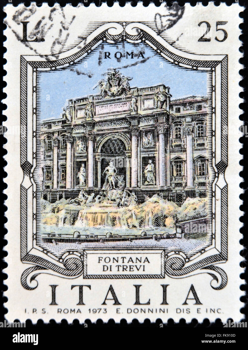 ITALY - CIRCA 1973: a stamp printed in Italy shows illustration of Fontana di Trevi in Rome, circa 1973 Stock Photo